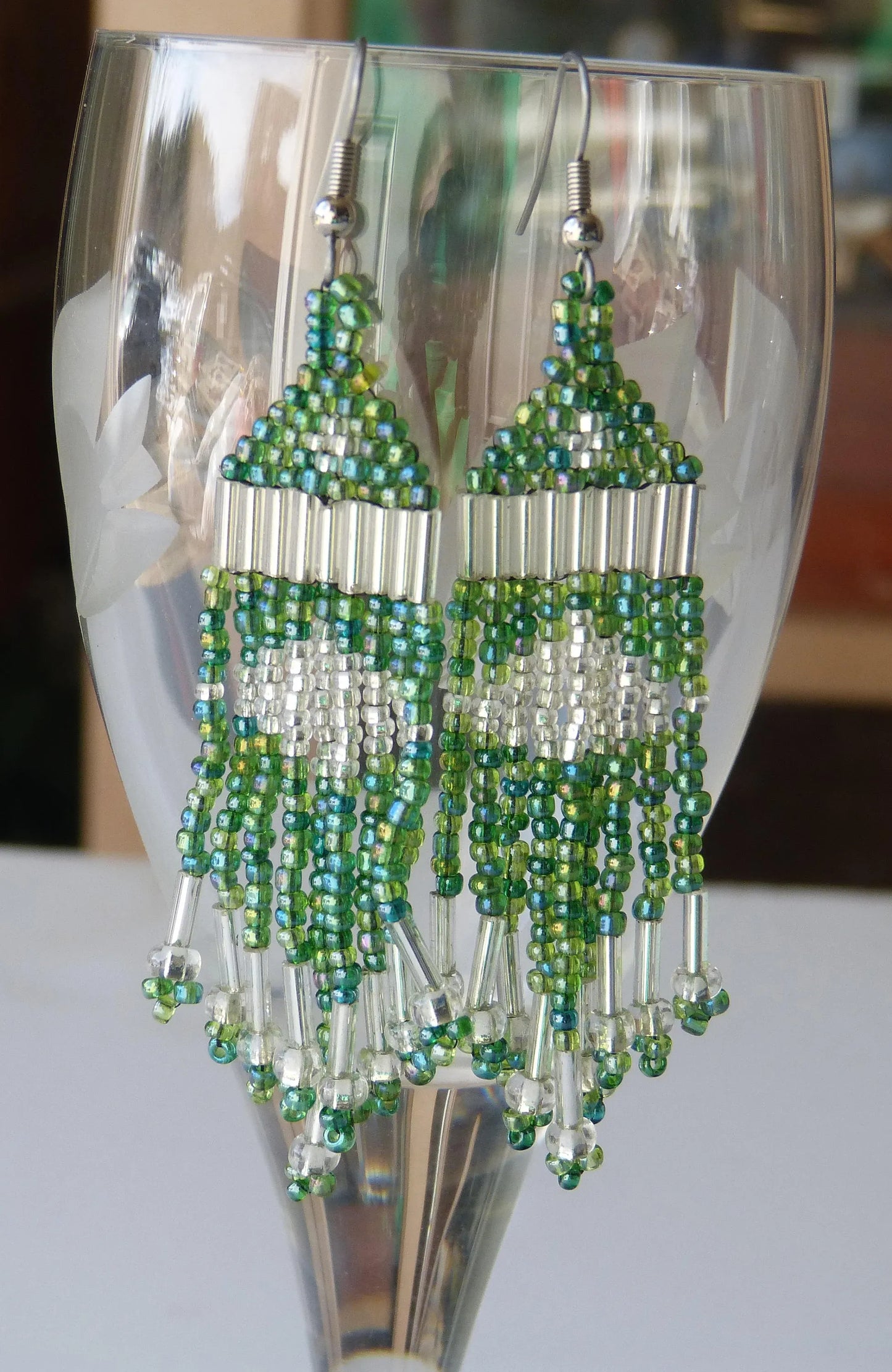 Rainbow Green & Clear Tassel Earrings