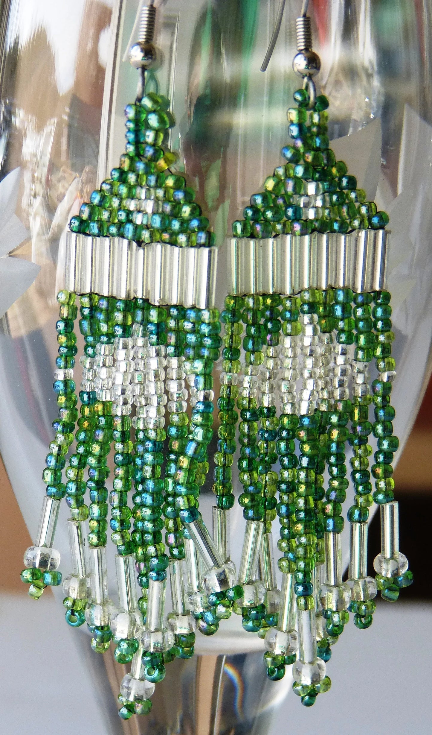 Rainbow Green & Clear Tassel Earrings