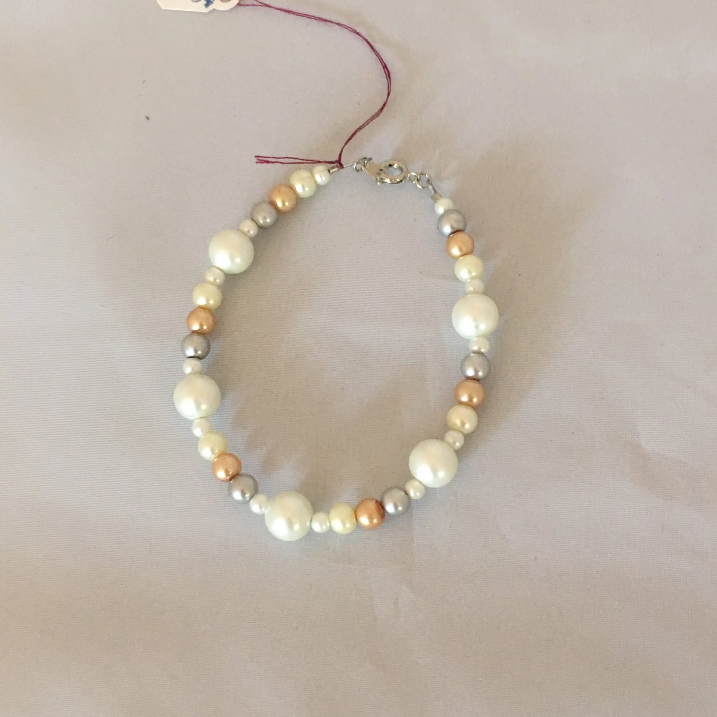 Ecru, Gold, Gray, White Glass Pearl Bracelet