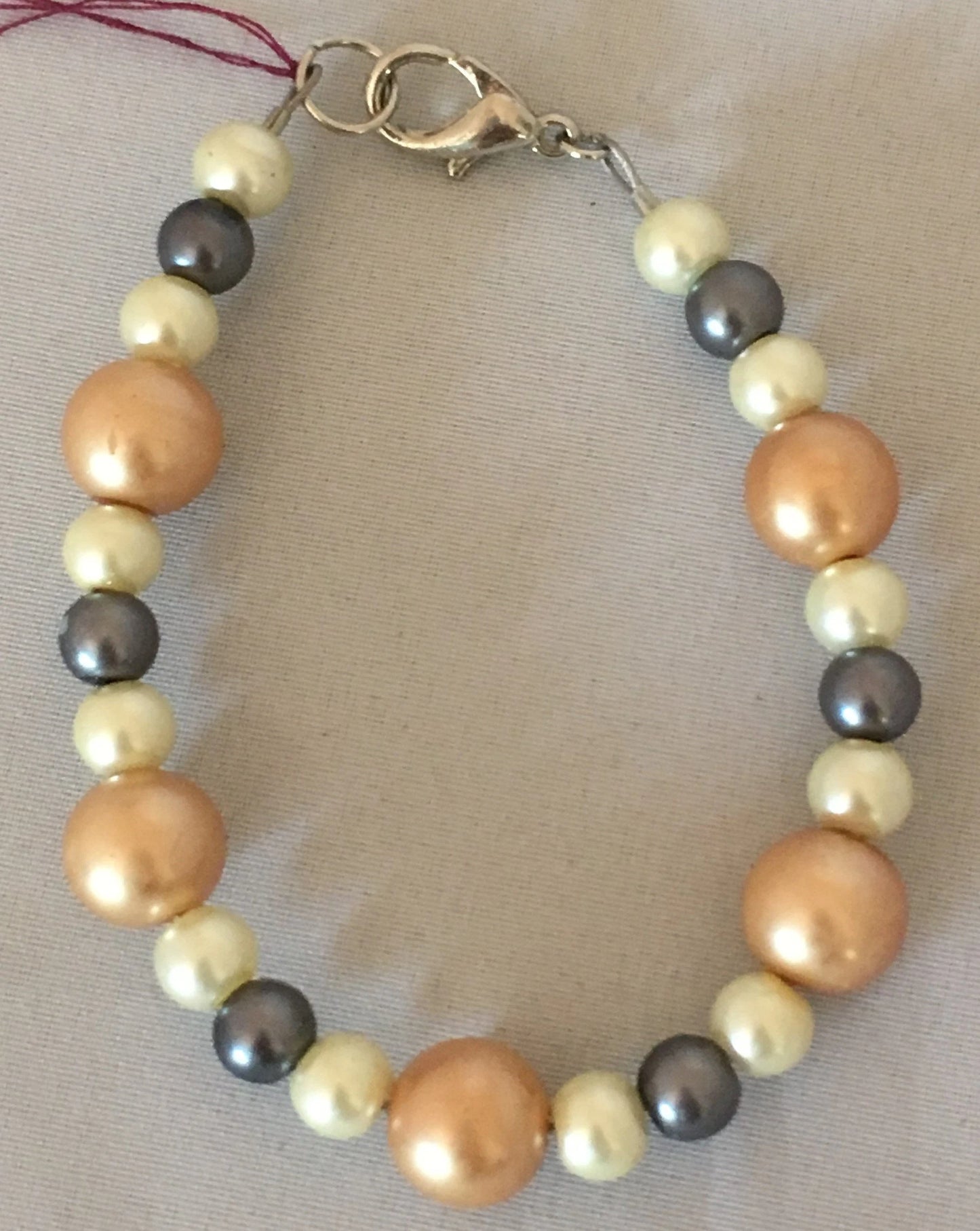 Ecru, Dark Gray, Gold Glass Pearl Bracelet