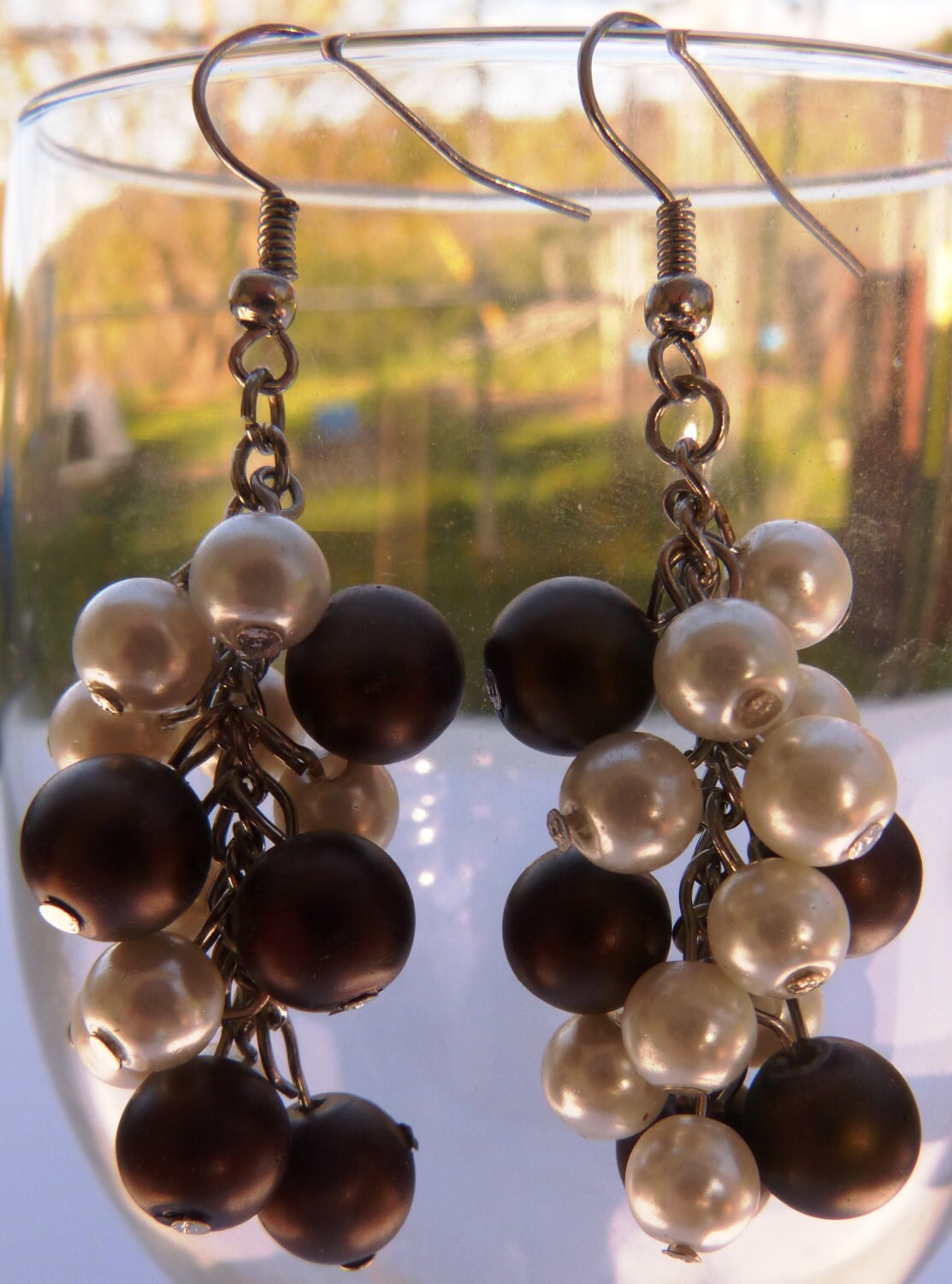 Brown & White Pearl Cluster Earrings