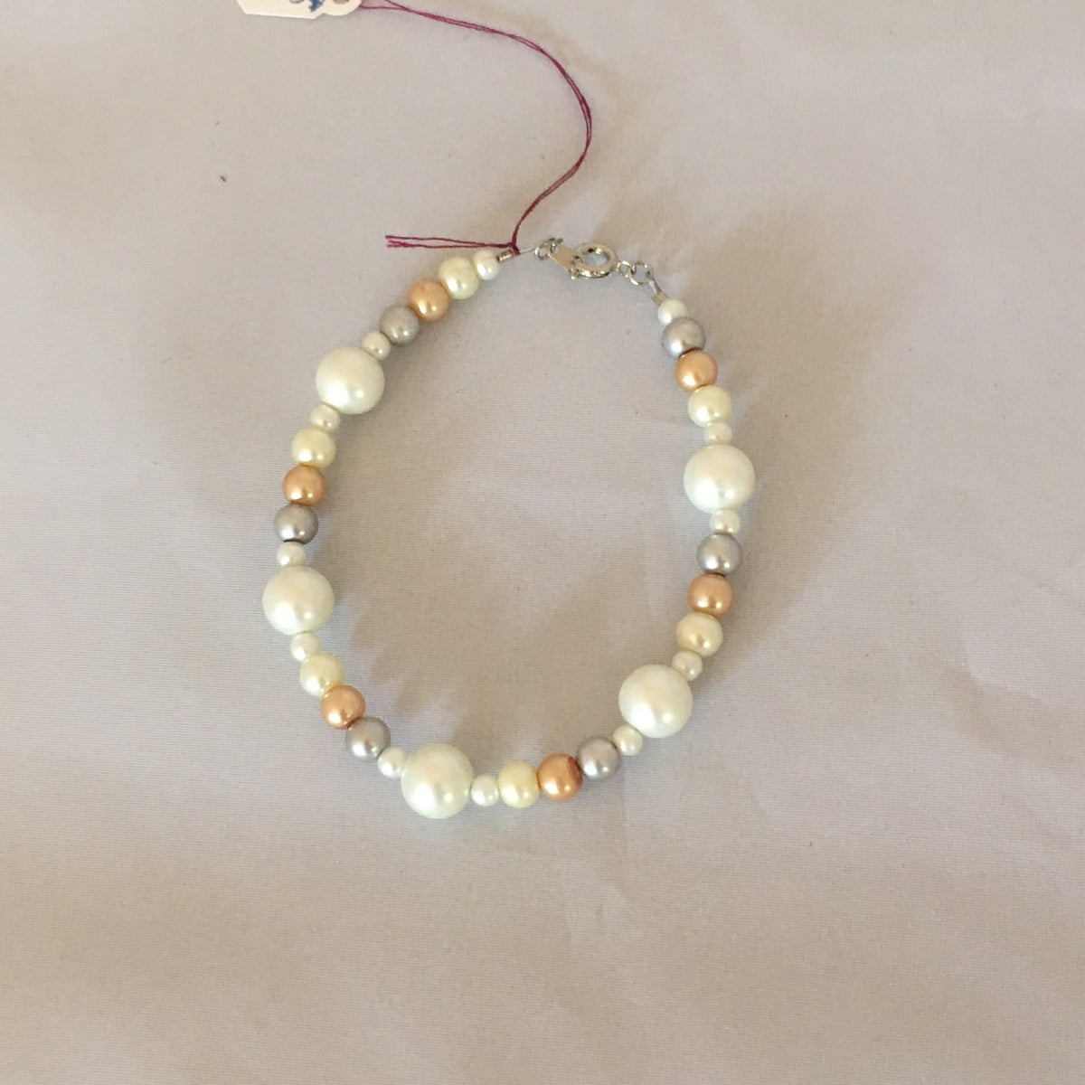 Handmade Ecru, Gold, Gray Glass Pearl Bracelet