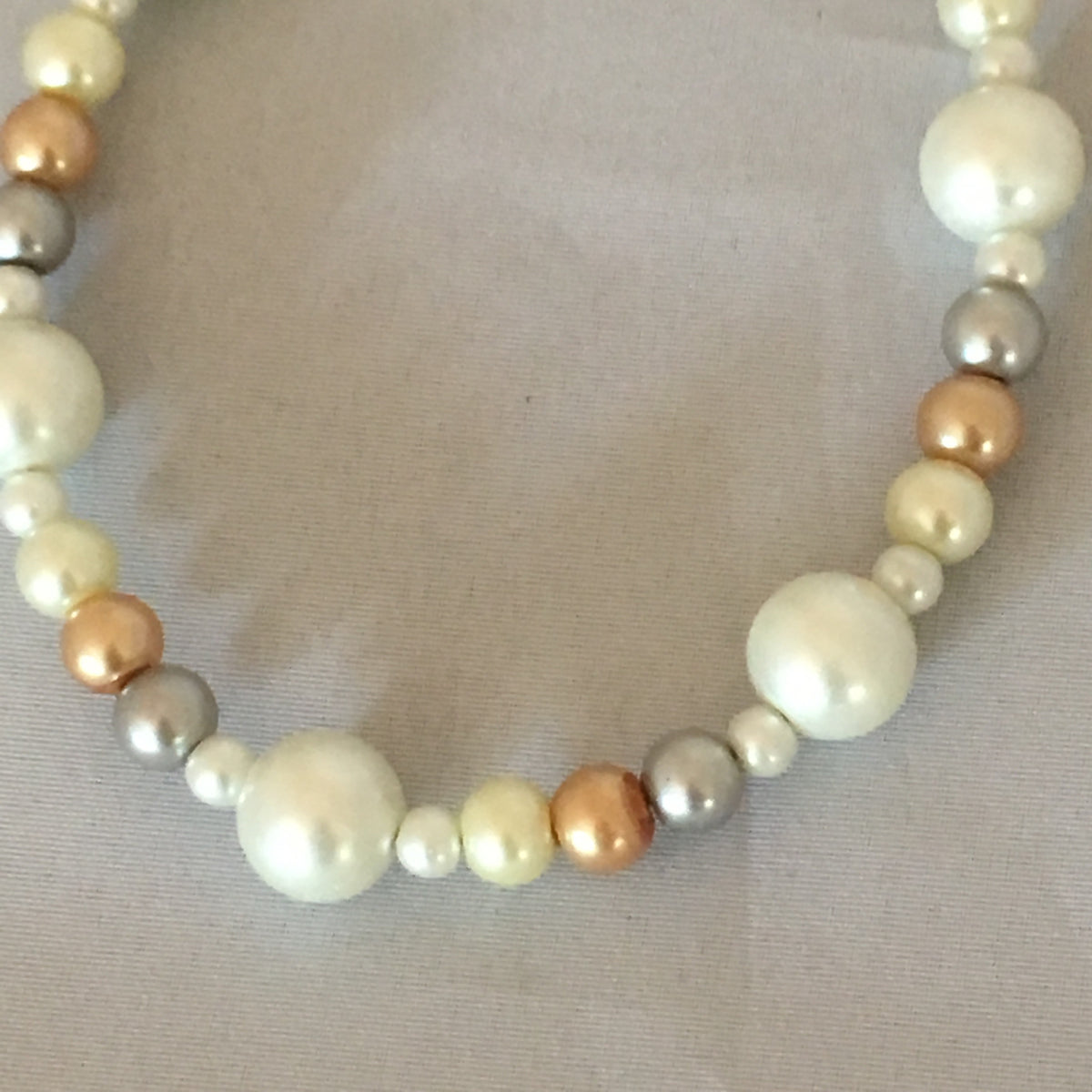 Handmade Ecru, Gold, Gray Glass Pearl Bracelet