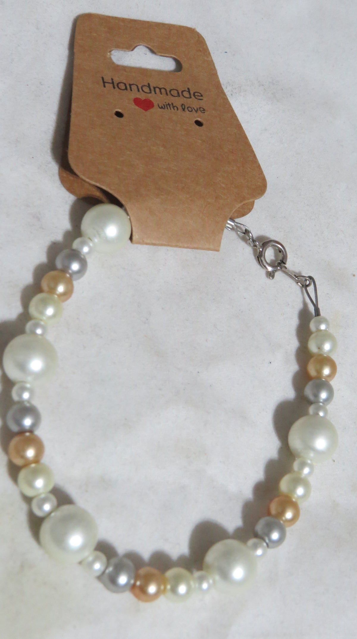 Handmade Ecru, Gold, Gray Glass Pearl Bracelet