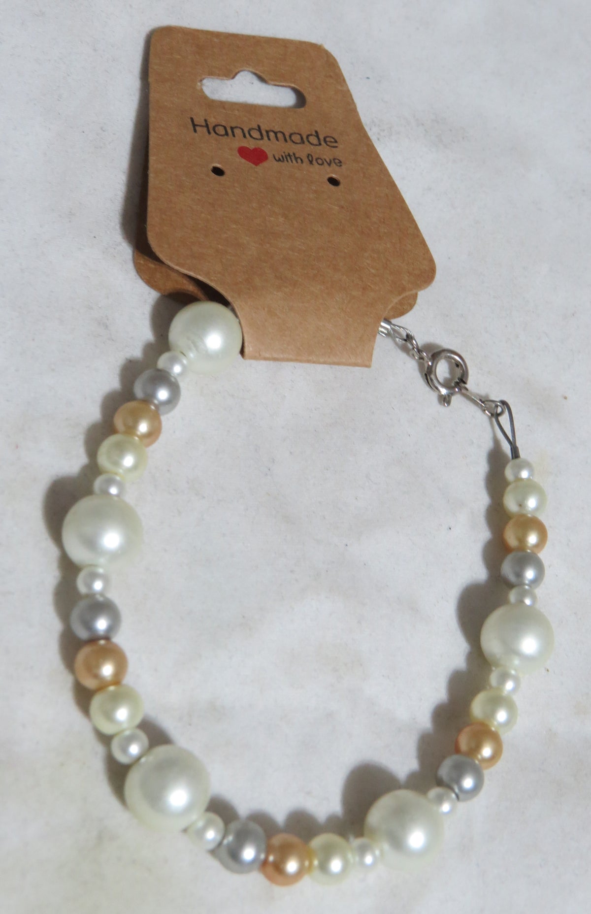 Handmade Ecru, Gold, Gray Glass Pearl Bracelet