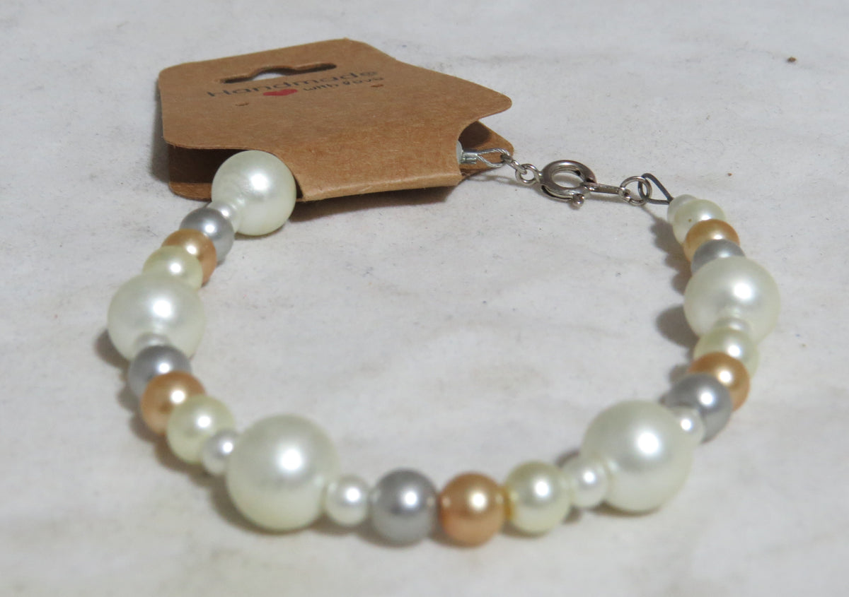 Handmade Ecru, Gold, Gray Glass Pearl Bracelet