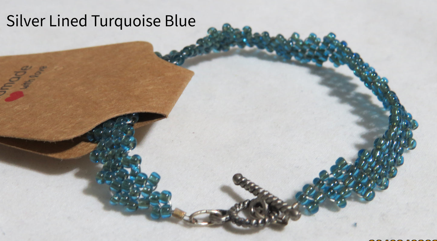 Silver Lined Turquoise Blue Peyote Simple Strap Bracelet