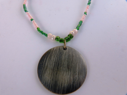 Handmade Pink & Green Beaded With Round Pendant Necklace