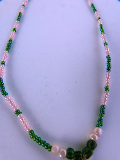Handmade Pink & Green Beaded With Round Pendant Necklace