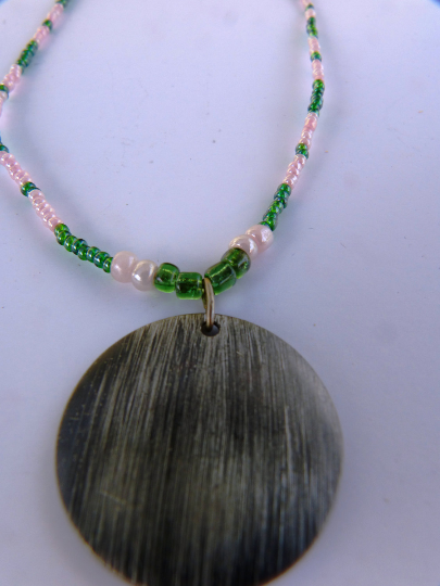 Handmade Pink & Green Beaded With Round Pendant Necklace