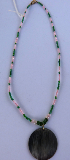 Handmade Pink & Green Beaded With Round Pendant Necklace