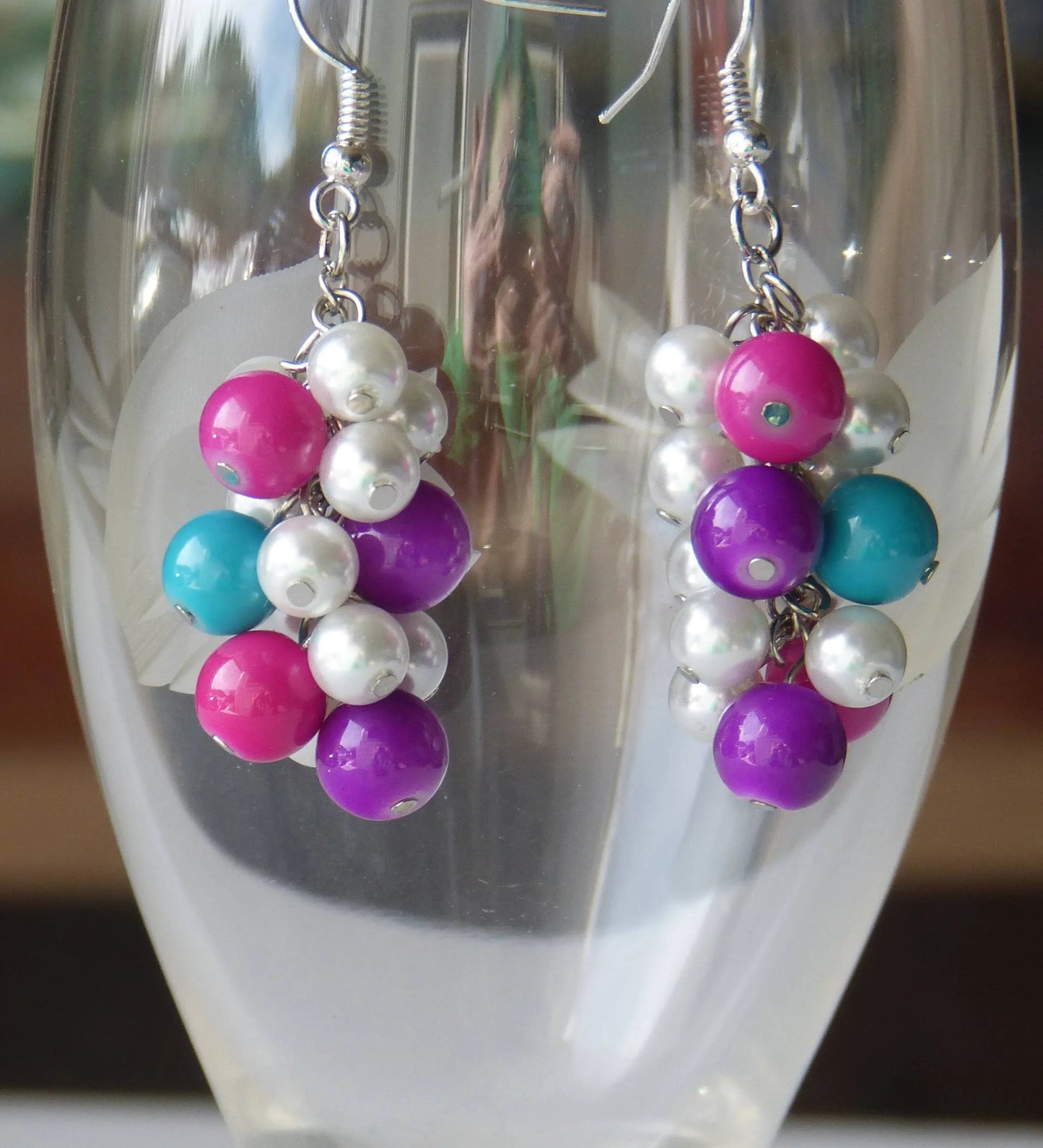 Pink, Purple, Green & White Pearl Cluster Earrings
