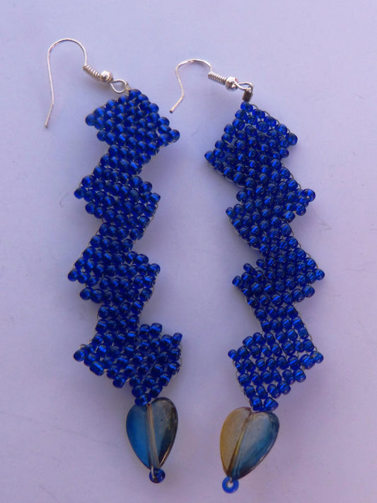 Transparent Royal Blue Wide Row Earrings with Hearts