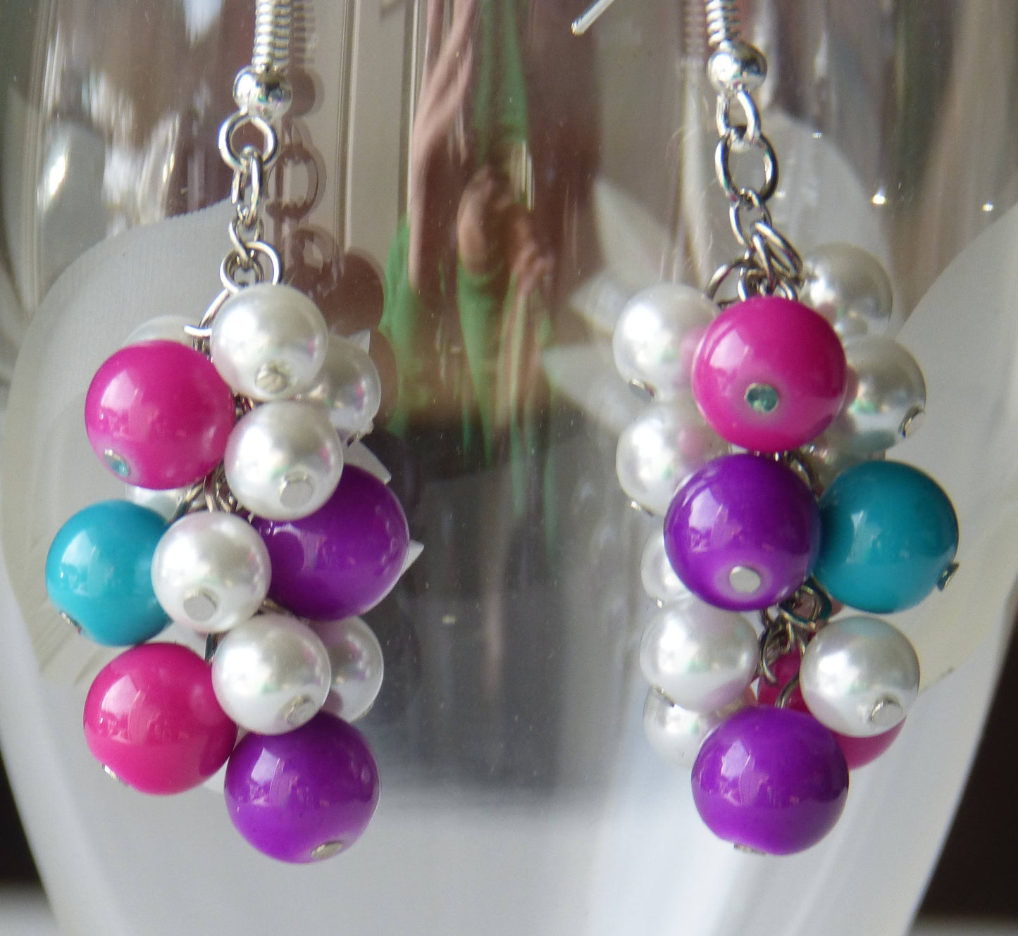 Pink, Purple, Green & White Pearl Cluster Earrings