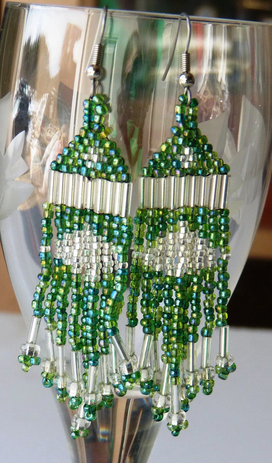 Rainbow Green & Clear Tassel Earrings