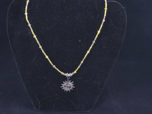Yellow & Clear Seed bead necklace with sun/moon Pendant