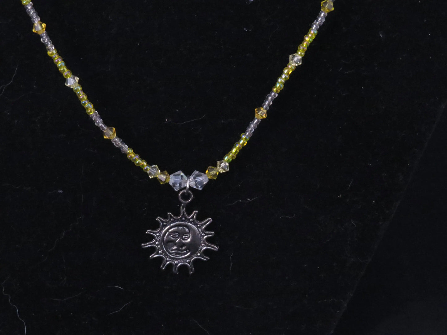 Yellow & Clear Seed bead necklace with sun/moon Pendant
