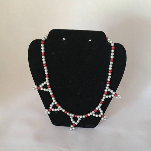 Light Gray & Red Glass Pearl Necklace