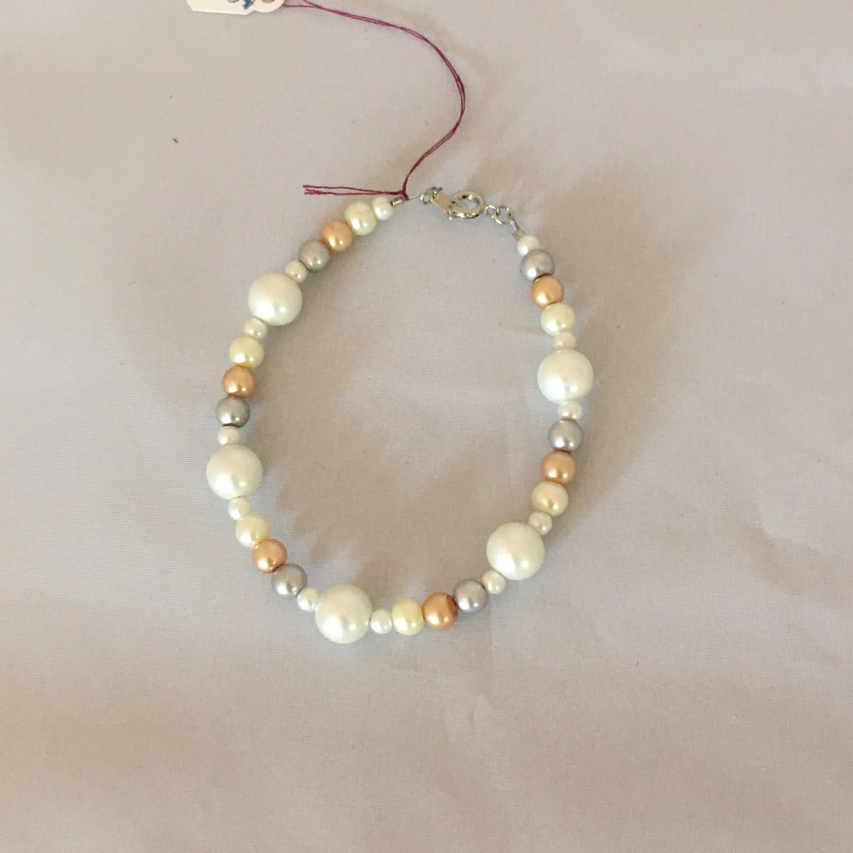 Handmade Ecru, Gold, Gray Glass Pearl Bracelet