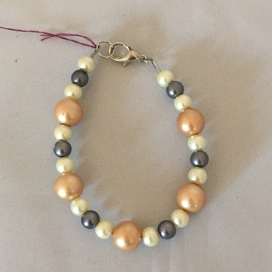 Ecru, Dark Gray, Gold Glass Pearl Bracelet